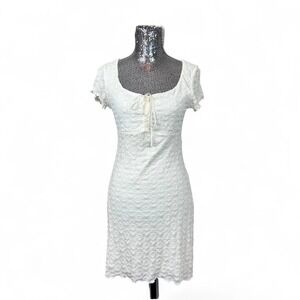 Y2K Coquette Ivory Knit Mini Babydoll Dress Medium‎ Lettuce Hem Soft Girl Party